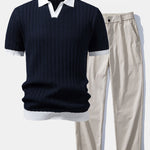 Ensemble — polo en maille texturée contrastante à col Johnny & pantalon à taille élastique