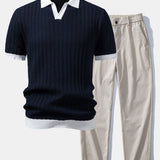 Ensemble — polo en maille texturée contrastante à col Johnny & pantalon à taille élastique