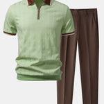 Ensemble Améline — polo zippé en maille texturée à bordure contrastante & pantalon fuselé