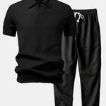 Ensemble — polo en maille crochetée texturée à col Johnny & pantalon en lin