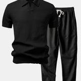 Ensemble — polo en maille crochetée texturée à col Johnny & pantalon en lin
