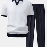 Ensemble — polo texturé contrastant à col Johnny & pantalon fuselé coupe slim
