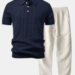 Ensemble Améline — polo en maille ajourée jacquard géométrique & pantalon en lin à jambe droite
