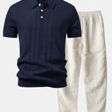 Ensemble Améline — polo en maille ajourée jacquard géométrique & pantalon en lin à jambe droite