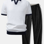 Ensemble — polo en maille texturée contrastante à col Johnny & pantalon à taille élastique