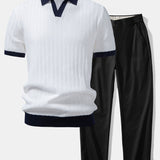 Ensemble — polo en maille texturée contrastante à col Johnny & pantalon à taille élastique