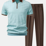 Ensemble Améline — polo zippé en maille texturée à bordure contrastante & pantalon fuselé