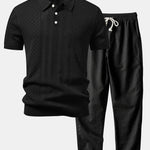 Ensemble Améline — polo en maille ajourée jacquard géométrique & pantalon en lin à jambe droite
