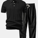 Ensemble Améline — polo en maille ajourée jacquard géométrique & pantalon en lin à jambe droite