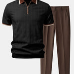 Ensemble Améline — polo zippé en maille texturée à bordure contrastante & pantalon fuselé