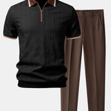 Ensemble Améline — polo zippé en maille texturée à bordure contrastante & pantalon fuselé