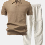 Ensemble — polo en maille crochetée texturée à col Johnny & pantalon en lin