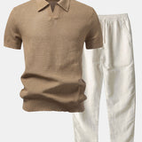 Ensemble — polo en maille crochetée texturée à col Johnny & pantalon en lin