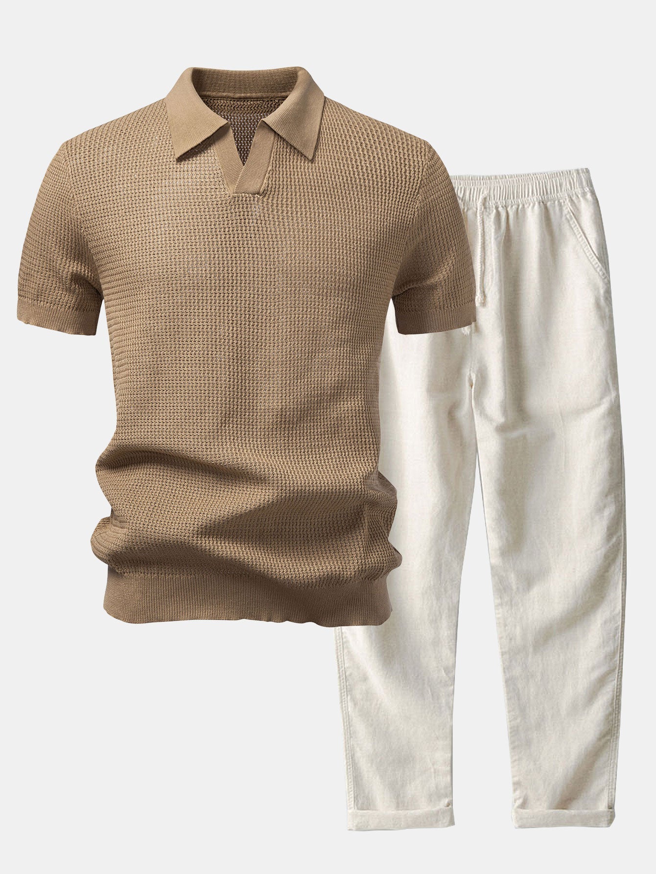 Ensemble — polo en maille crochetée texturée à col Johnny & pantalon en lin