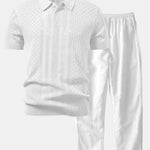 Ensemble Améline — polo en maille ajourée jacquard géométrique & pantalon en lin à jambe droite