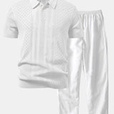 Ensemble Améline — polo en maille ajourée jacquard géométrique & pantalon en lin à jambe droite