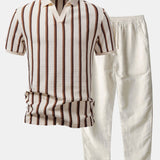 Ensemble Capucine — polo gaufré rayé à col Johnny & pantalon en lin à jambe droite