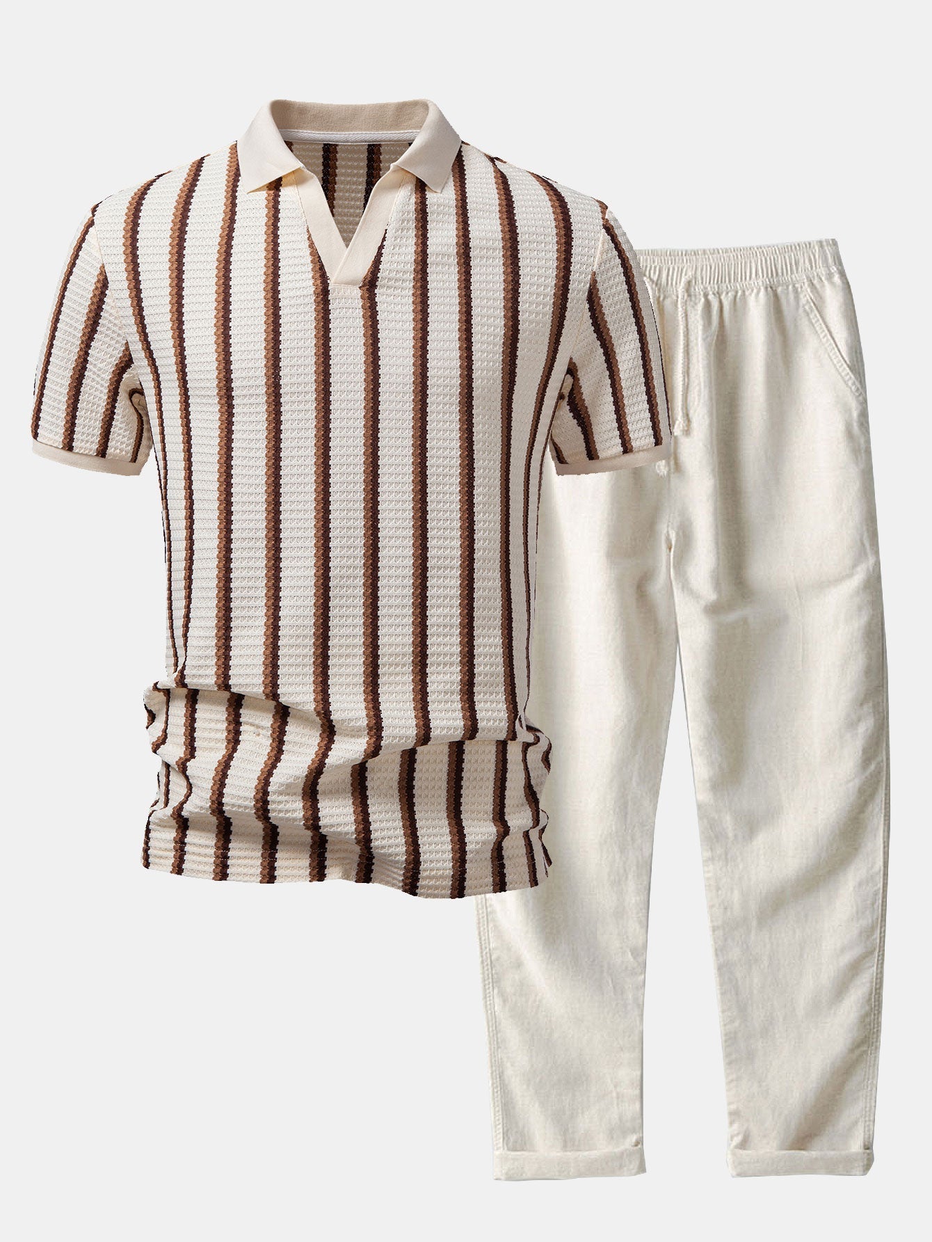 Ensemble Capucine — polo gaufré rayé à col Johnny & pantalon en lin à jambe droite
