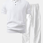 Ensemble Capucine — polo en maille ajourée jacquard géométrique & pantalon en lin à jambe droite