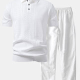 Ensemble Capucine — polo en maille ajourée jacquard géométrique & pantalon en lin à jambe droite