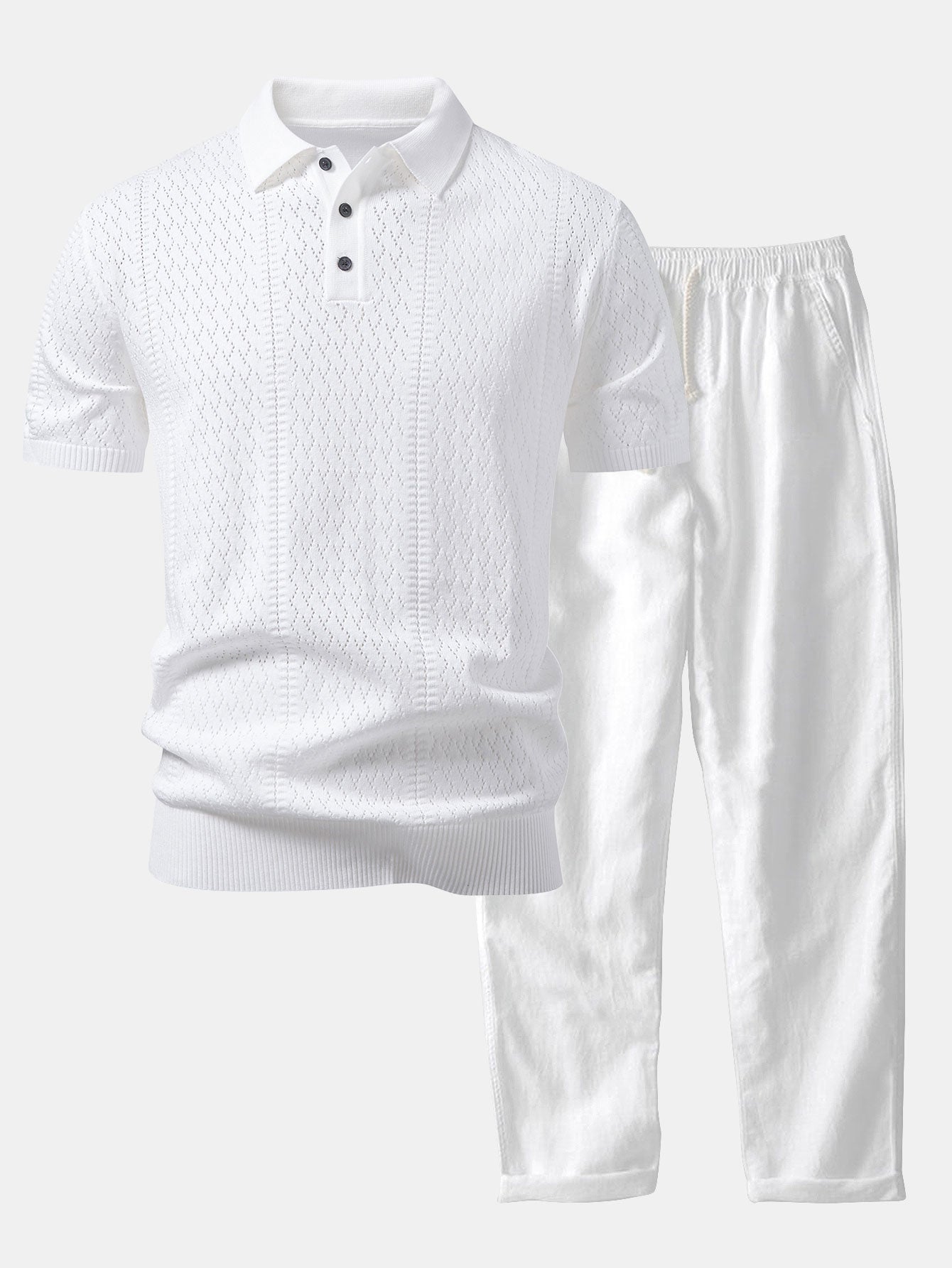Ensemble Capucine — polo en maille ajourée jacquard géométrique & pantalon en lin à jambe droite