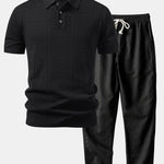 Ensemble Capucine — polo en maille ajourée jacquard géométrique & pantalon en lin à jambe droite