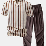 Ensemble Capucine — polo gaufré rayé à col Johnny & pantalon en lin à jambe droite