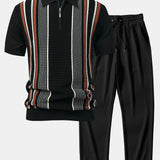 Ensemble — polo zippé en maille rayée & pantalon côtelé à jambe droite