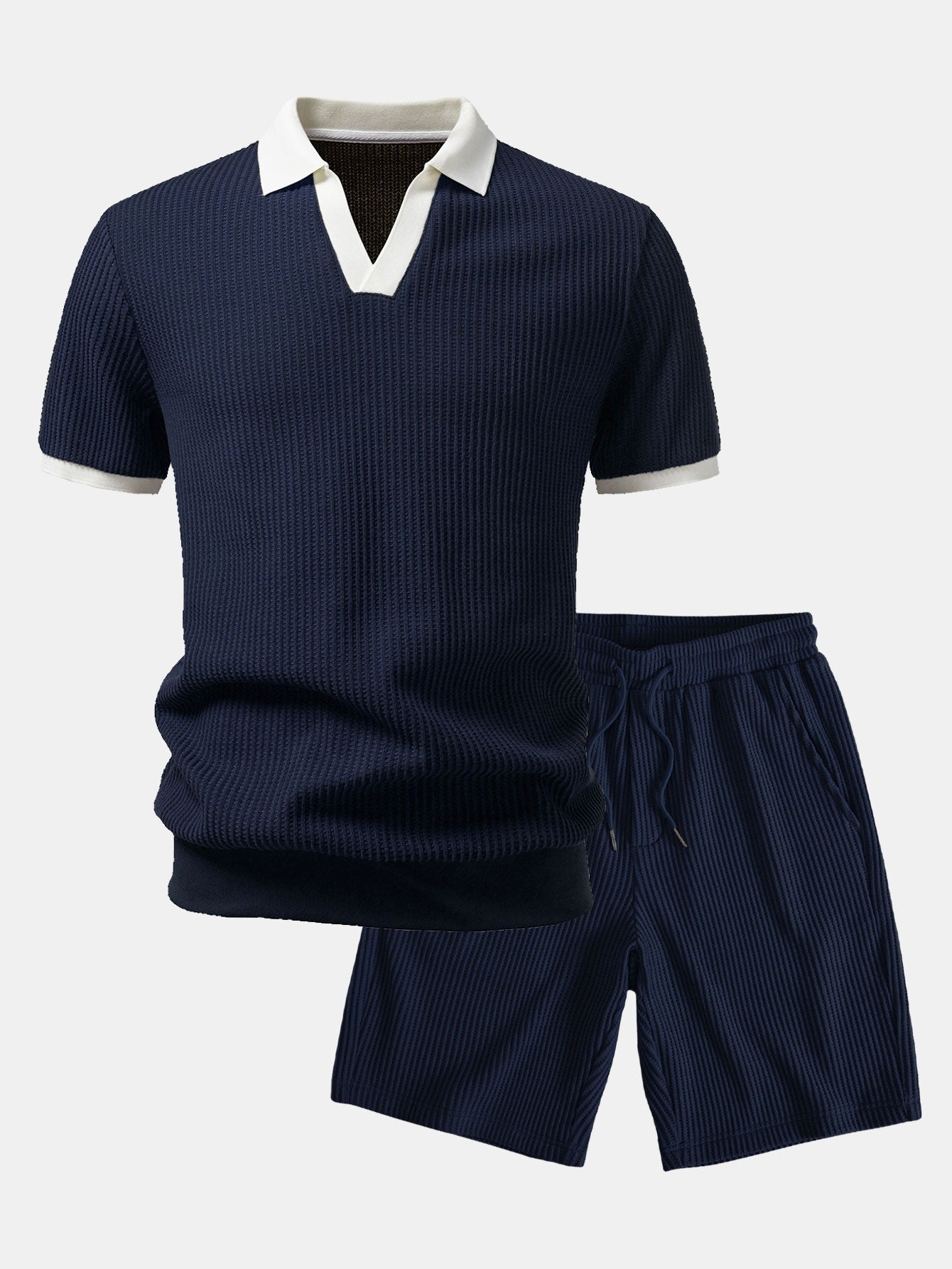 Ensemble Améline — polo gaufré en maille contrastante à col Johnny & short gaufré en maille à cordon