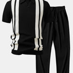 Ensemble — polo en maille rayée à col Johnny & pantalon côtelé à jambe droite
