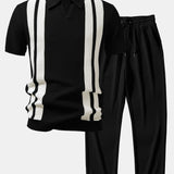 Ensemble — polo en maille rayée à col Johnny & pantalon côtelé à jambe droite