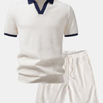 Ensemble Améline — polo gaufré en maille contrastante à col Johnny & short gaufré en maille à cordon