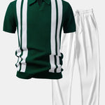 Ensemble — polo en maille rayée à col Johnny & pantalon côtelé à jambe droite