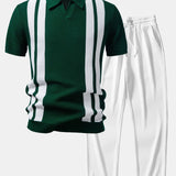 Ensemble — polo en maille rayée à col Johnny & pantalon côtelé à jambe droite