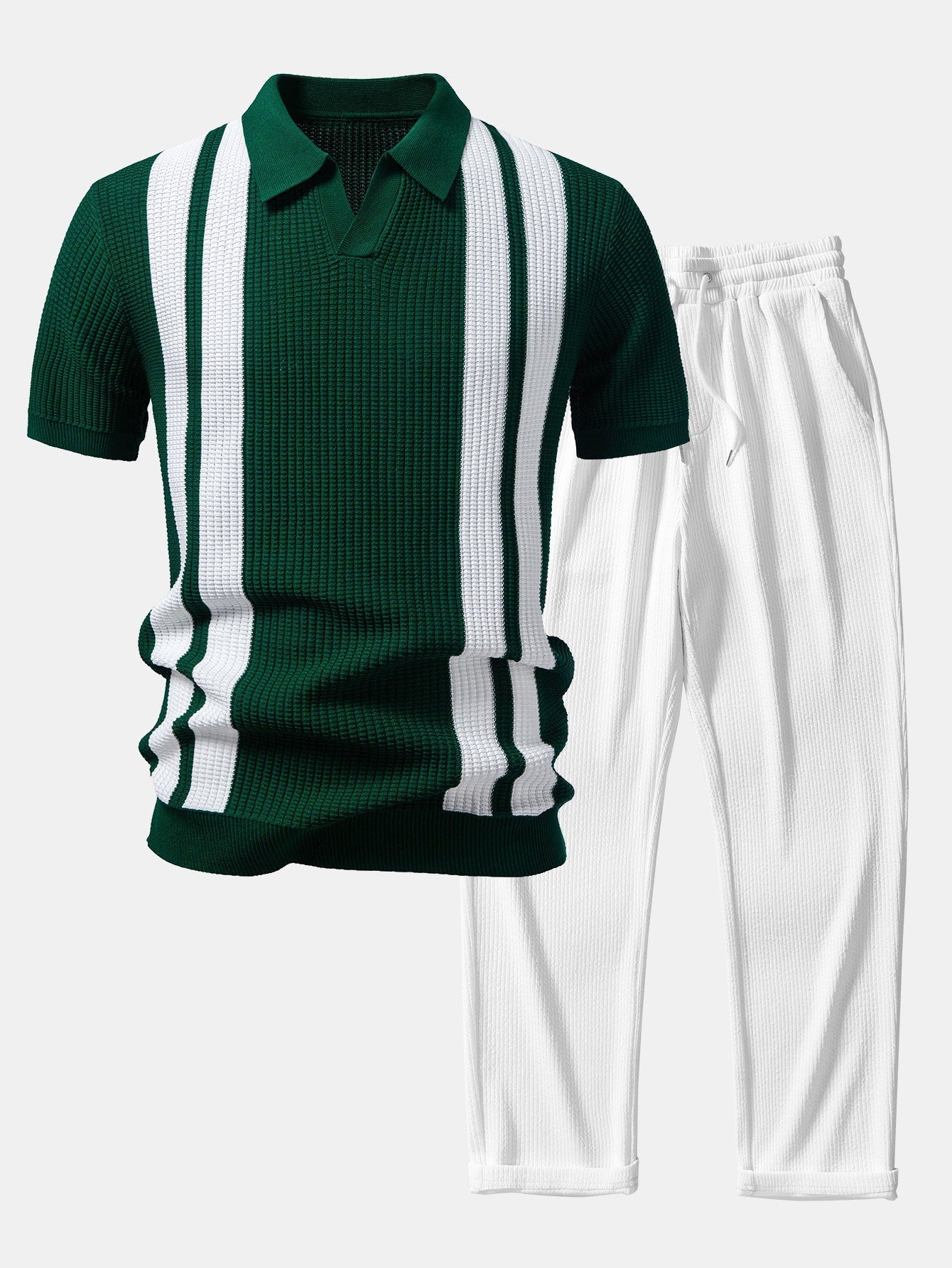 Ensemble — polo en maille rayée à col Johnny & pantalon côtelé à jambe droite