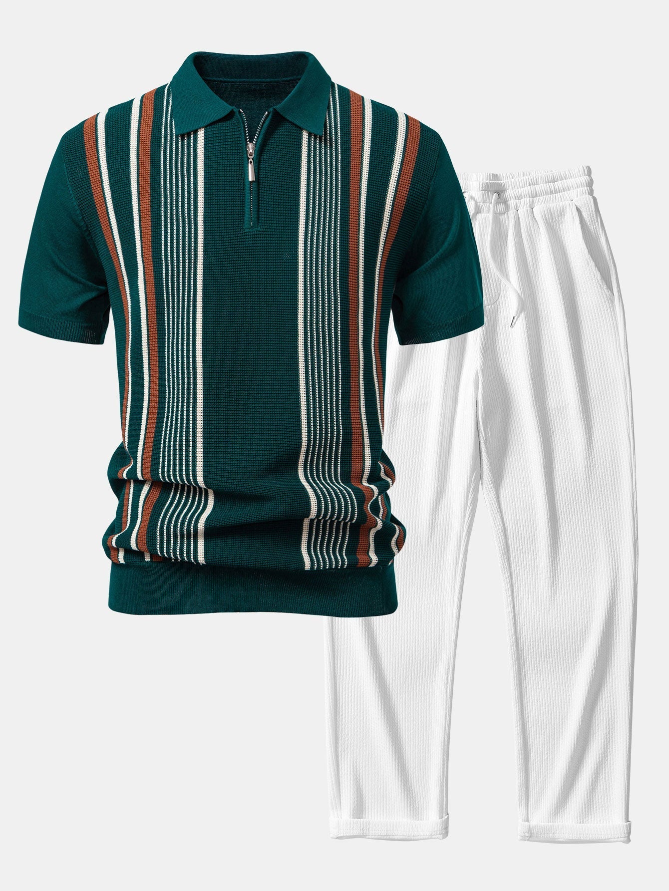 Ensemble — polo zippé en maille rayée & pantalon côtelé à jambe droite