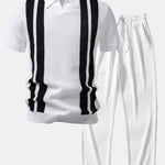 Ensemble — polo en maille rayée à col Johnny & pantalon côtelé à jambe droite