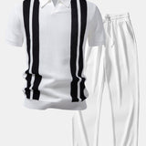 Ensemble — polo en maille rayée à col Johnny & pantalon côtelé à jambe droite