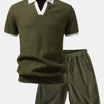 Ensemble Améline — polo gaufré en maille contrastante à col Johnny & short gaufré en maille à cordon