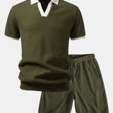Ensemble Améline — polo gaufré en maille contrastante à col Johnny & short gaufré en maille à cordon