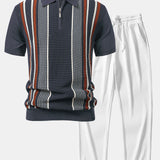 Ensemble — polo zippé en maille rayée & pantalon côtelé à jambe droite