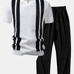 Ensemble — polo en maille rayée à col Johnny & pantalon côtelé à jambe droite
