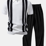 Ensemble — polo en maille rayée à col Johnny & pantalon côtelé à jambe droite