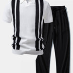 Ensemble — polo en maille rayée à col Johnny & pantalon gaufré en maille à cordon