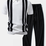 Ensemble — polo en maille rayée à col Johnny & pantalon gaufré en maille à cordon