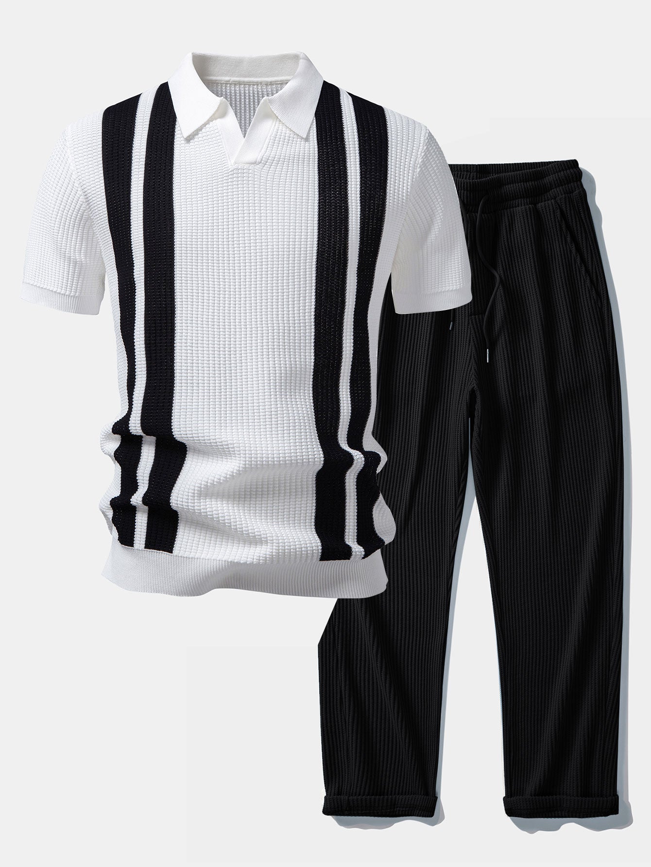 Ensemble — polo en maille rayée à col Johnny & pantalon gaufré en maille à cordon