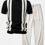 Ensemble — polo en maille rayée à col Johnny & pantalon gaufré en maille à cordon