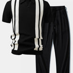 Ensemble — polo en maille rayée à col Johnny & pantalon gaufré en maille à cordon