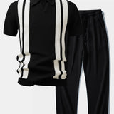 Ensemble — polo en maille rayée à col Johnny & pantalon gaufré en maille à cordon