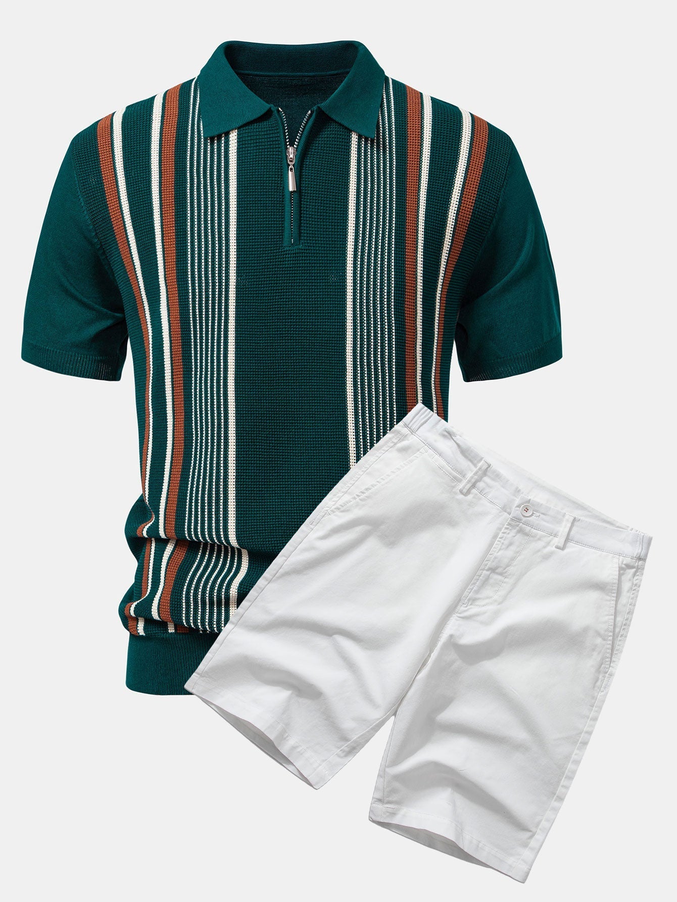 Ensemble Capucine — polo zippé en maille rayée & short chino en coton